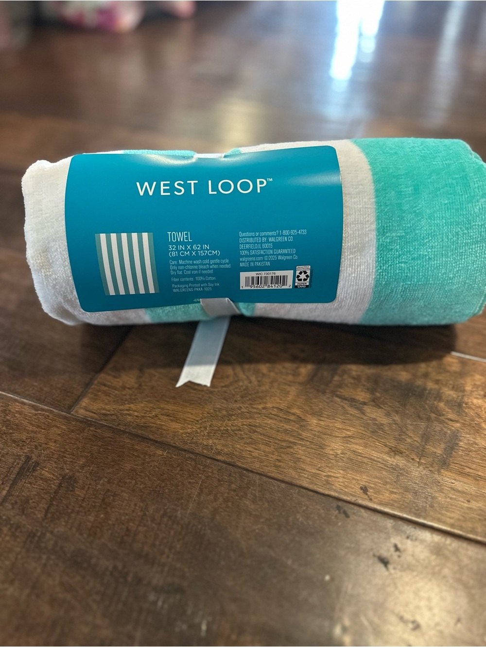 west loop aqua and white striped bath towel